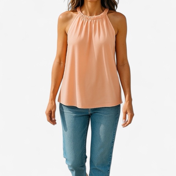NWT Veronica M | Peachy Pink Chiffon Blouse Tank w. Ruffle Neckline Size Small - Picture 1 of 10